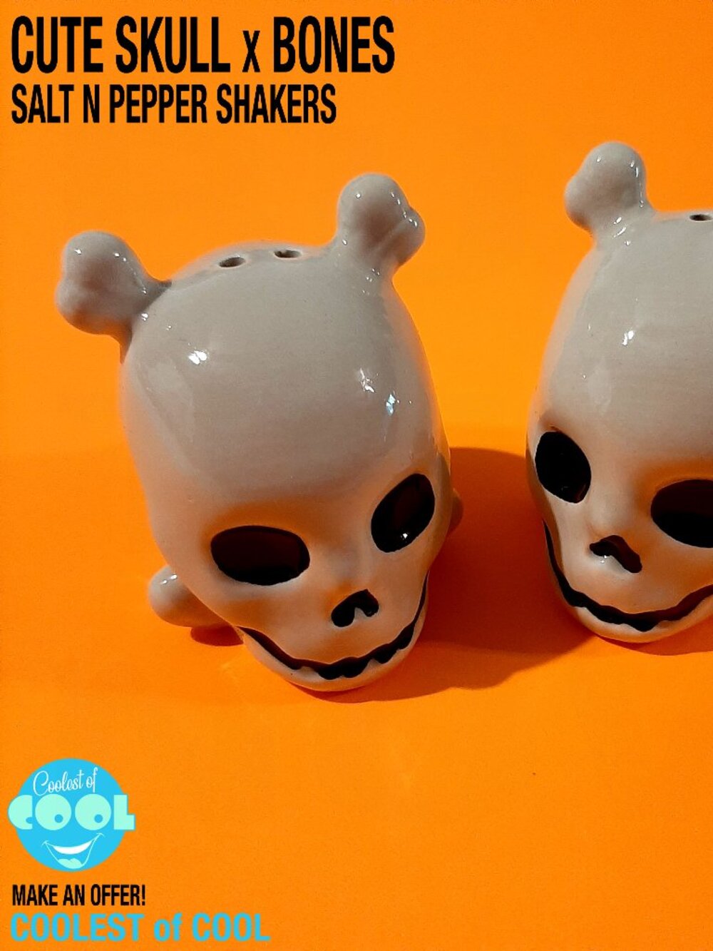 ceramic skull crossbones salt n pepper shaker set spooky Halloween kitchen decor